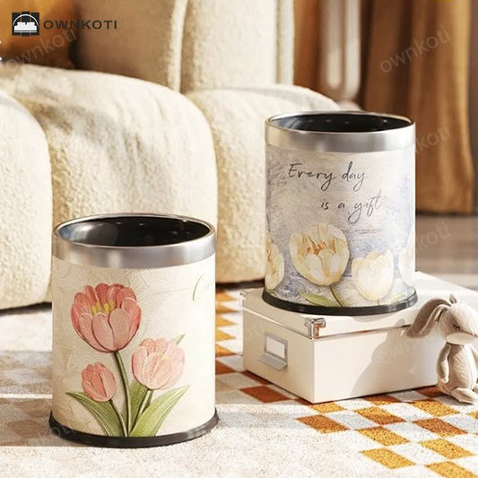 Double Layer Floral Leather Trash Bin