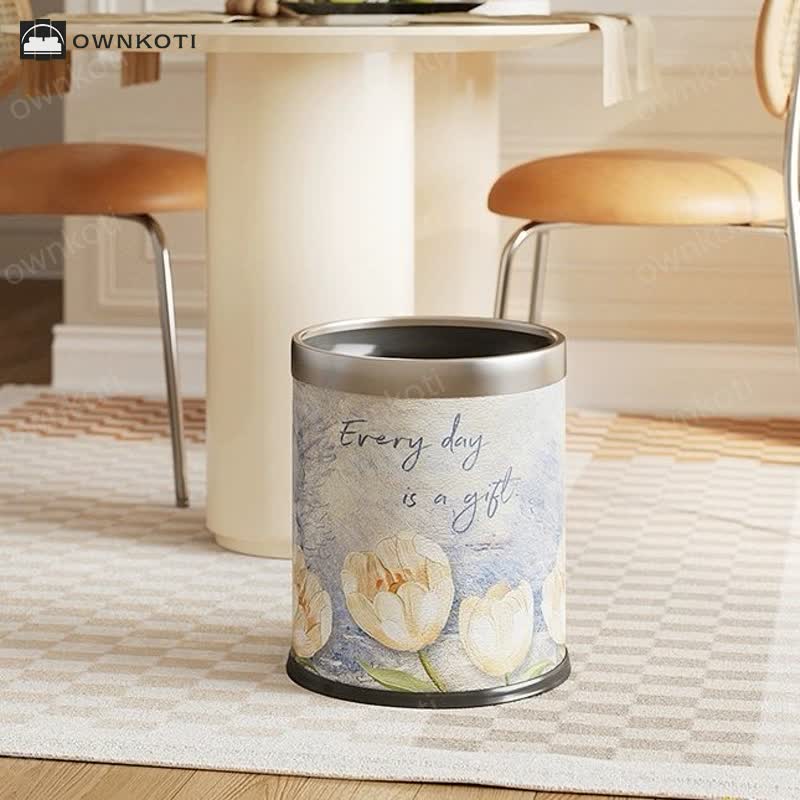 Double Layer Floral Leather Trash Bin