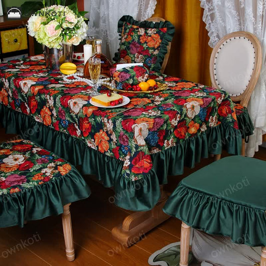 Retro Jacquard Dustproof Ruffled Tablecloth