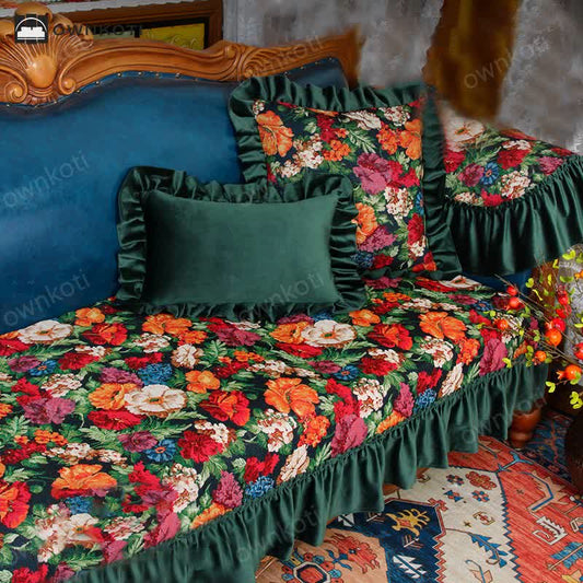 Vintage Art Floral Non-slip Ruffle Sofa Cover
