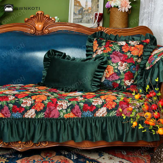 Vintage Art Floral Non-slip Ruffle Sofa Cover