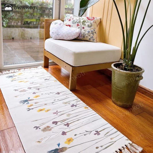 Plant Branch Pattern Tassel Cotton Linen Floor Mat