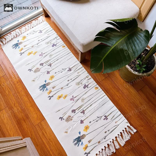 Plant Branch Pattern Tassel Cotton Linen Floor Mat