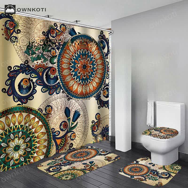 Bohemian Print Waterproof Shower Curtain Mat Set