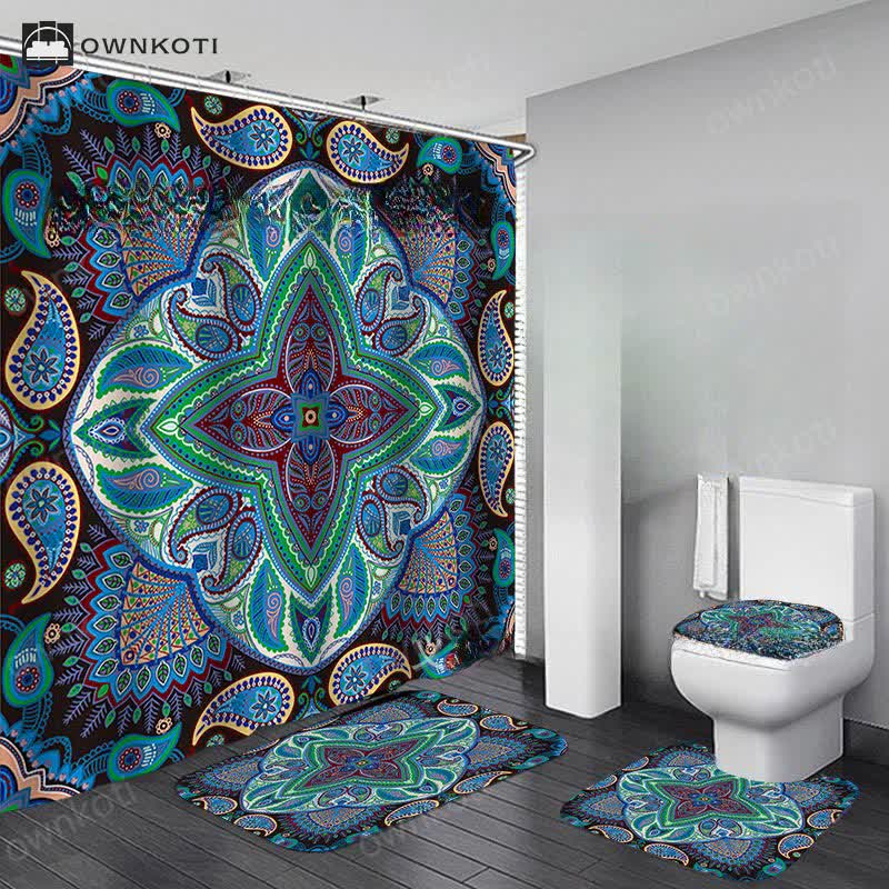Bohemian Print Waterproof Shower Curtain Mat Set