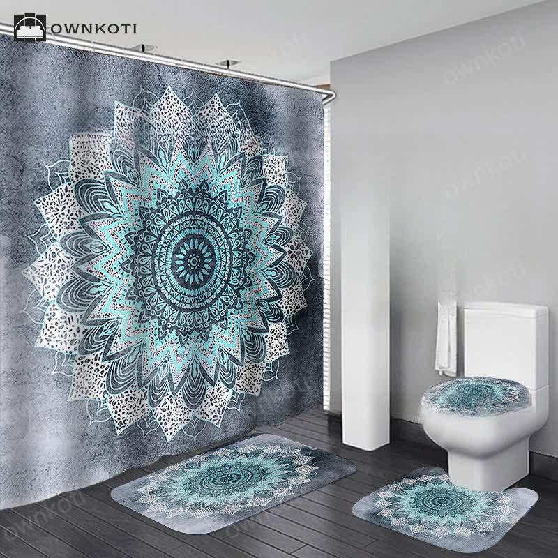 Bohemian Print Waterproof Shower Curtain Mat Set