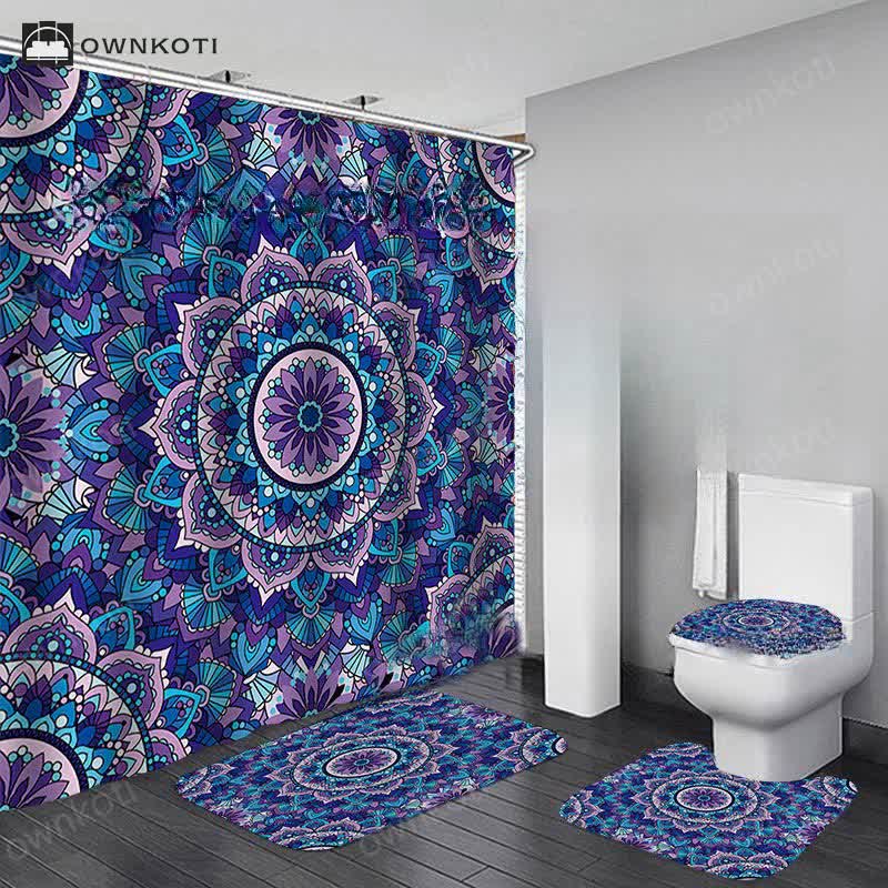 Bohemian Print Waterproof Shower Curtain Mat Set