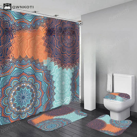 Bohemian Print Waterproof Shower Curtain Mat Set