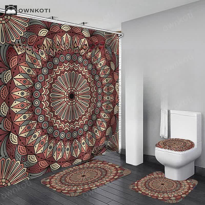Bohemian Print Waterproof Shower Curtain Mat Set