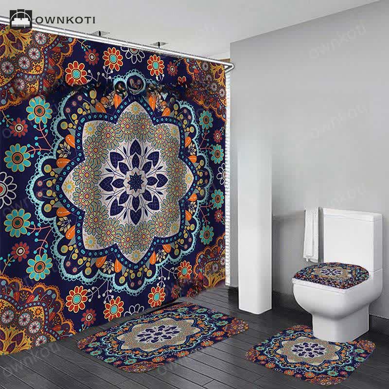 Bohemian Print Waterproof Shower Curtain Mat Set