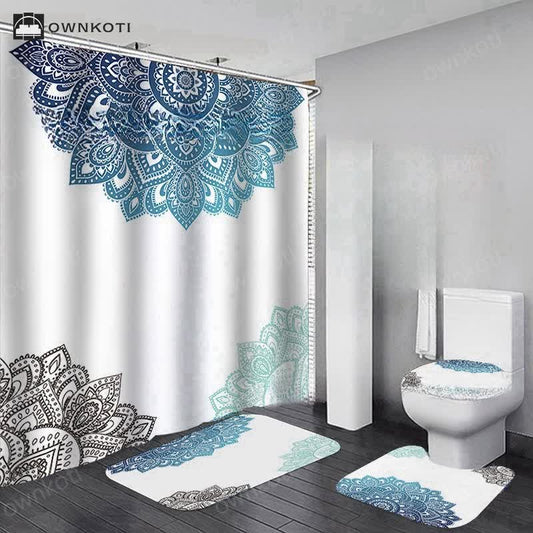 Bohemian Print Waterproof Shower Curtain Mat Set