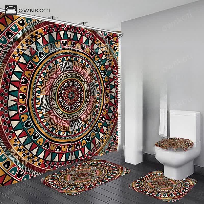 Bohemian Print Waterproof Shower Curtain Mat Set