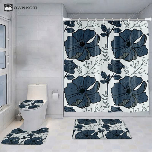 Fresh Plant Flower Waterproof Shower Curtain Mat Set