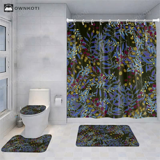 Fresh Plant Flower Waterproof Shower Curtain Mat Set