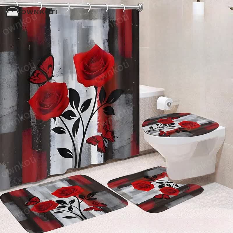 Luxurious Botanical Flower Waterproof Shower Curtain Mat Set