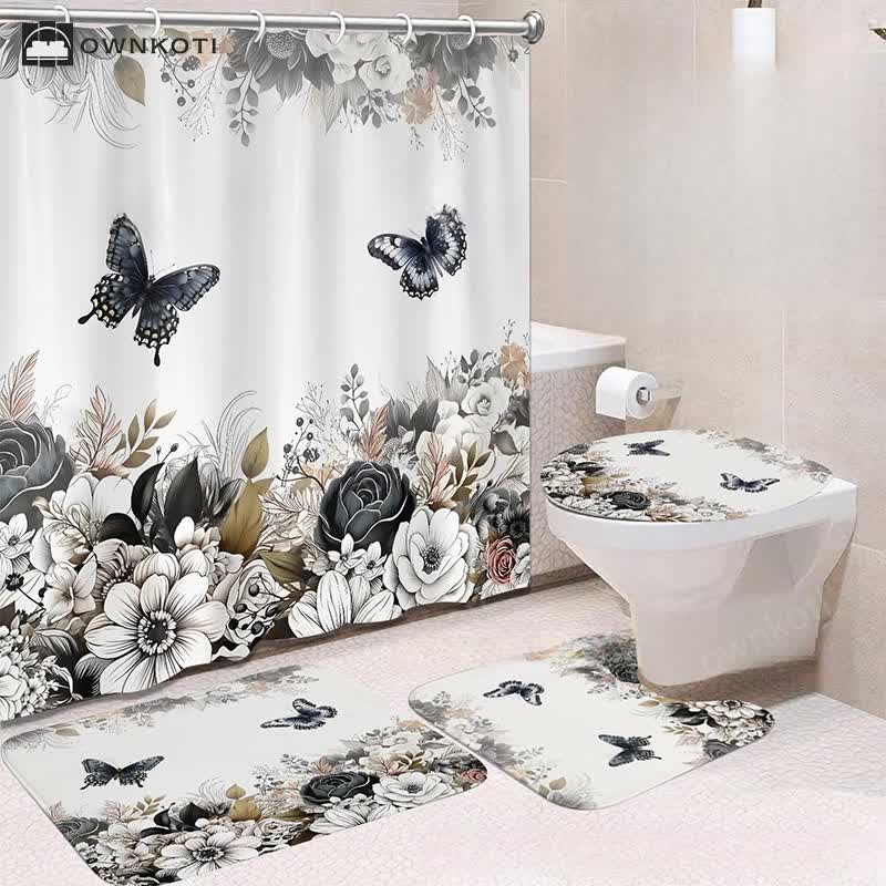 Luxurious Botanical Flower Waterproof Shower Curtain Mat Set