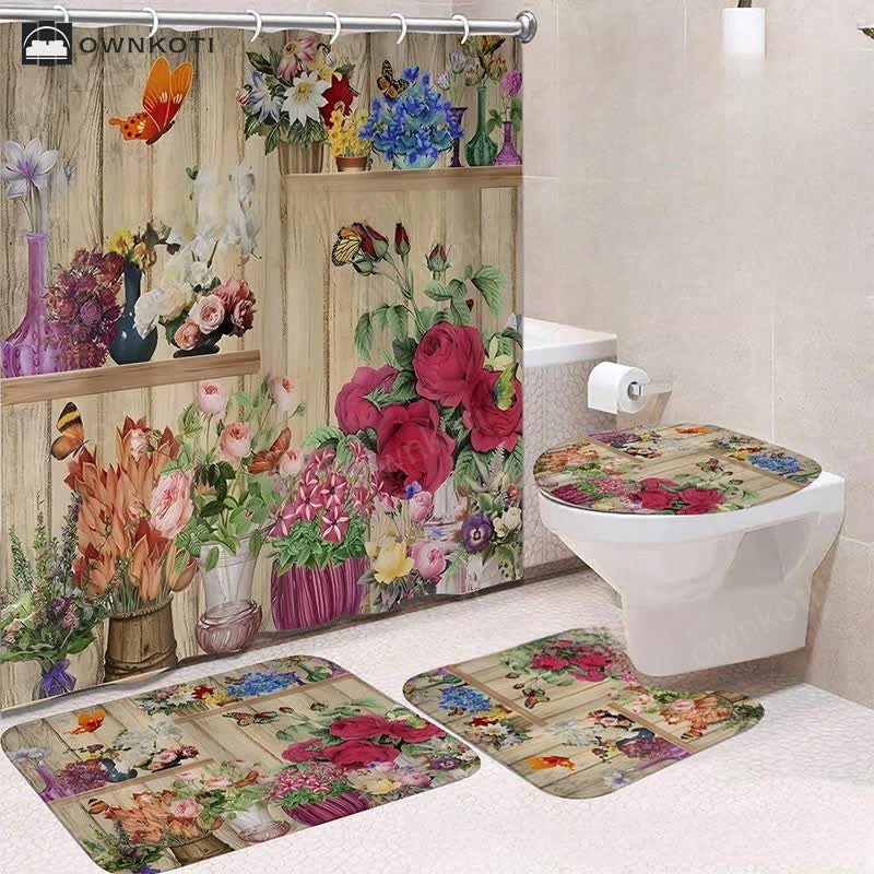 Luxurious Botanical Flower Waterproof Shower Curtain Mat Set