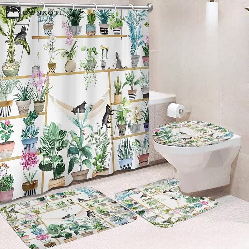 Luxurious Botanical Flower Waterproof Shower Curtain Mat Set
