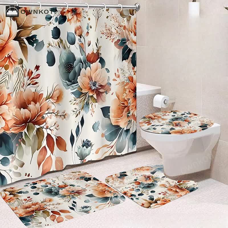 Luxurious Botanical Flower Waterproof Shower Curtain Mat Set