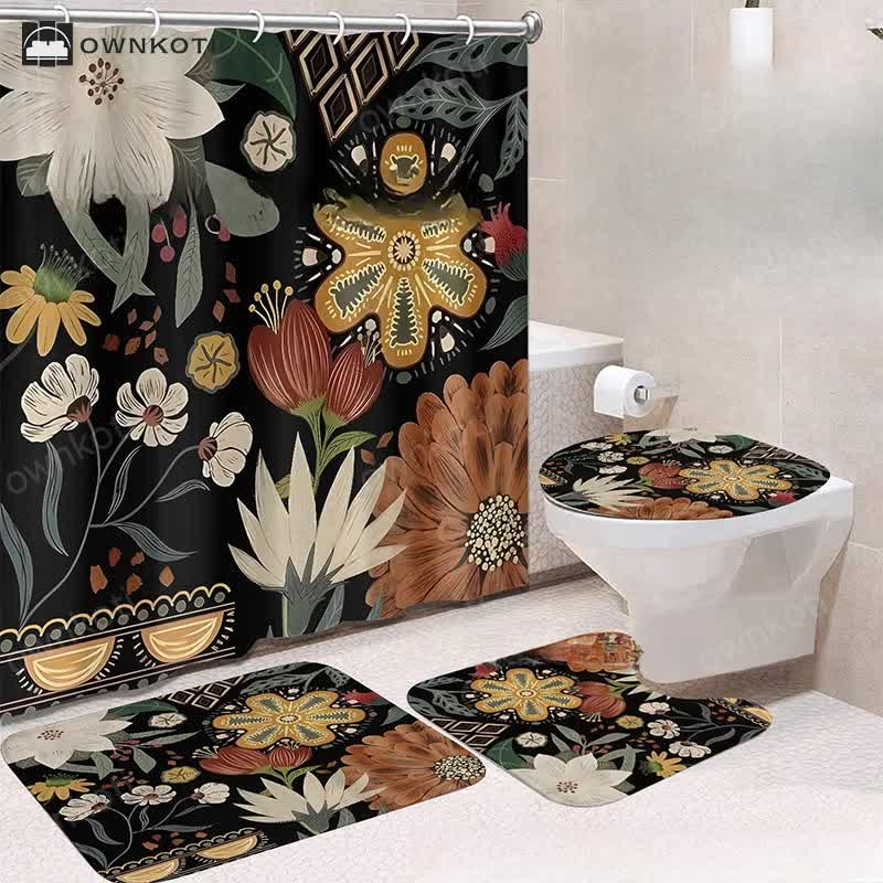 Luxurious Botanical Flower Waterproof Shower Curtain Mat Set