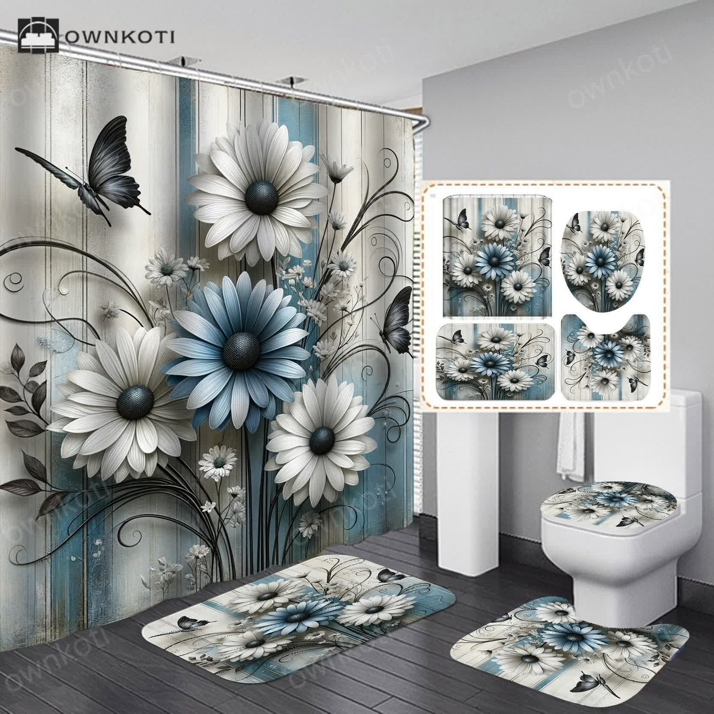 Floral Butterfly Waterproof Shower Curtain