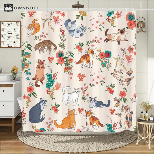 Floral Cute Cat Anti-mildew Shower Curtain