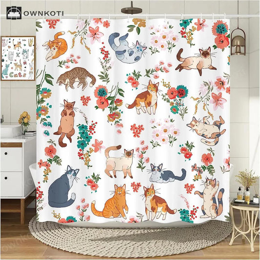 Floral Cute Cat Anti-mildew Shower Curtain