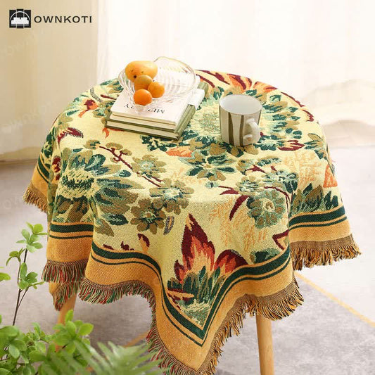 Vintage Jacquard Gerbera Blue Sunflower Tablecloth