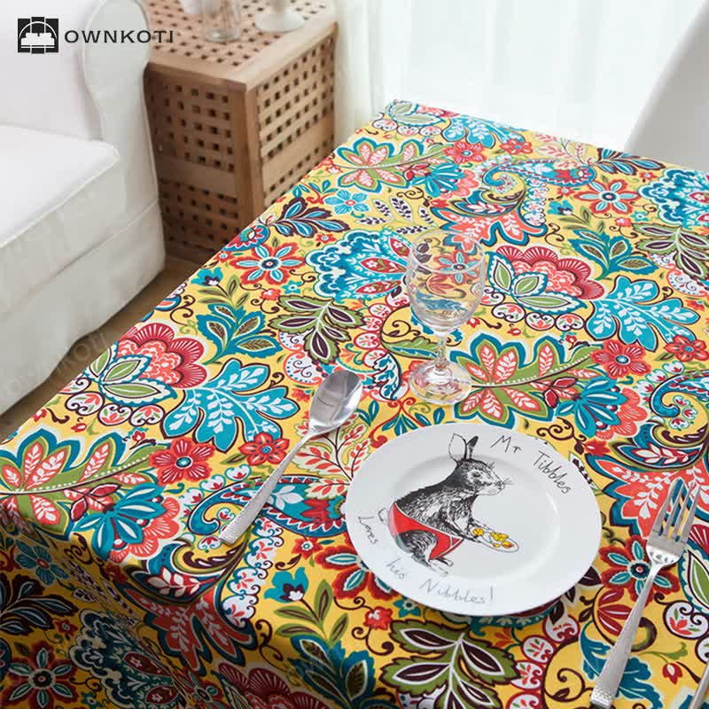 Boho Colorful Botanical Flower Tablecloth