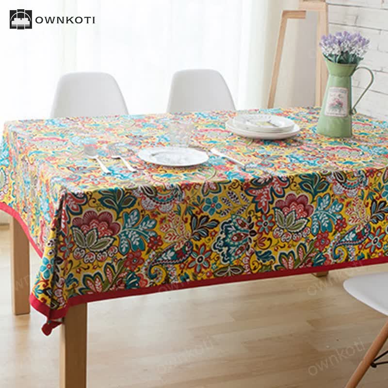 Boho Colorful Botanical Flower Tablecloth