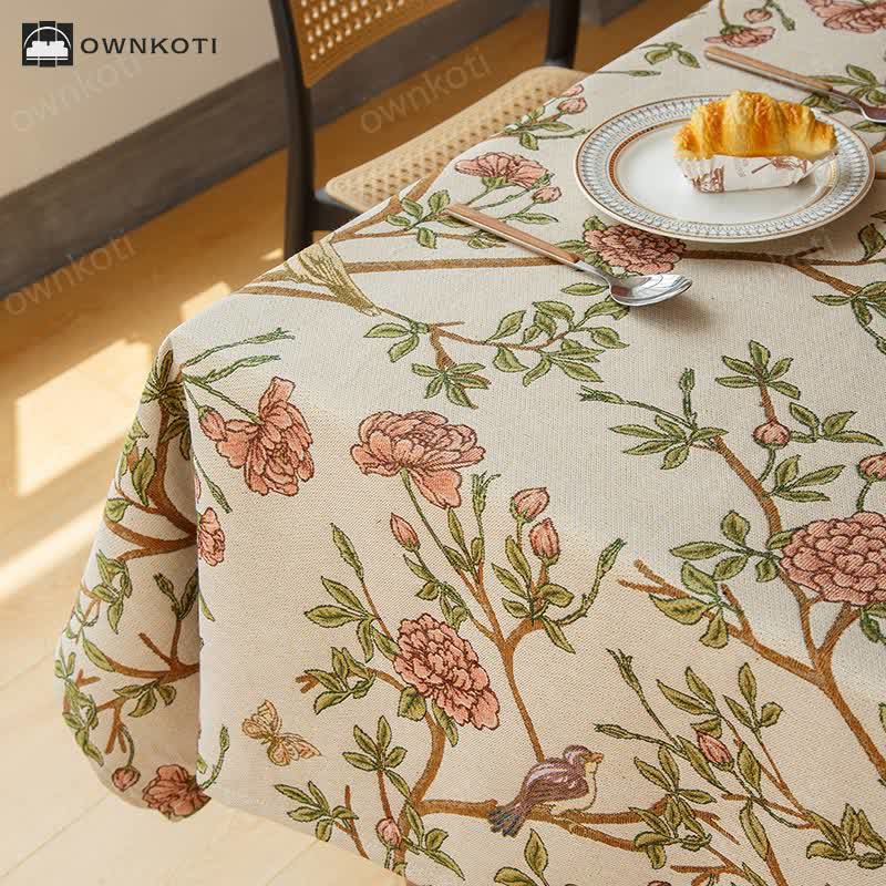 Elegant Yarn Dyed Flower Bird Tablecloth