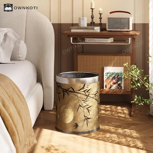 Vintage Bamboo Leather Durable Trash Can
