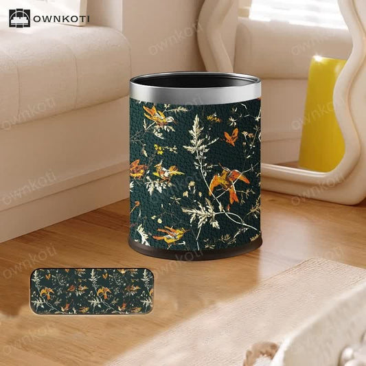 Floral Bird Leather Large Capacity Trash Bin