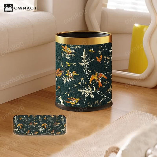 Floral Bird Leather Large Capacity Trash Bin