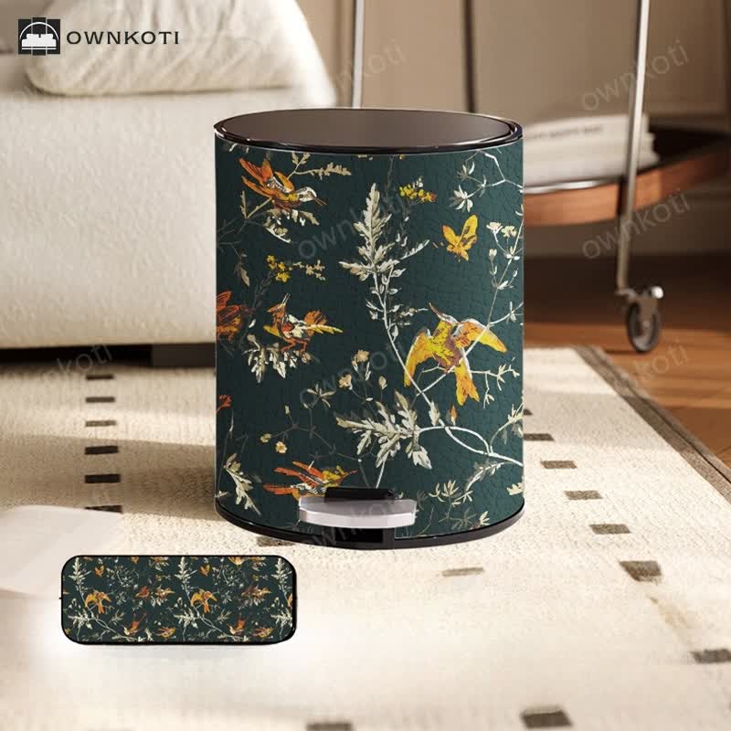 Floral Bird Leather Large Capacity Trash Bin