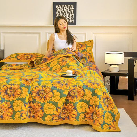 Cotton Gauze Reverisible Blomming Flower Quilt