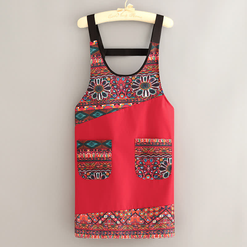 Stylish Ethnic Style Kitchen Apron with Pockets