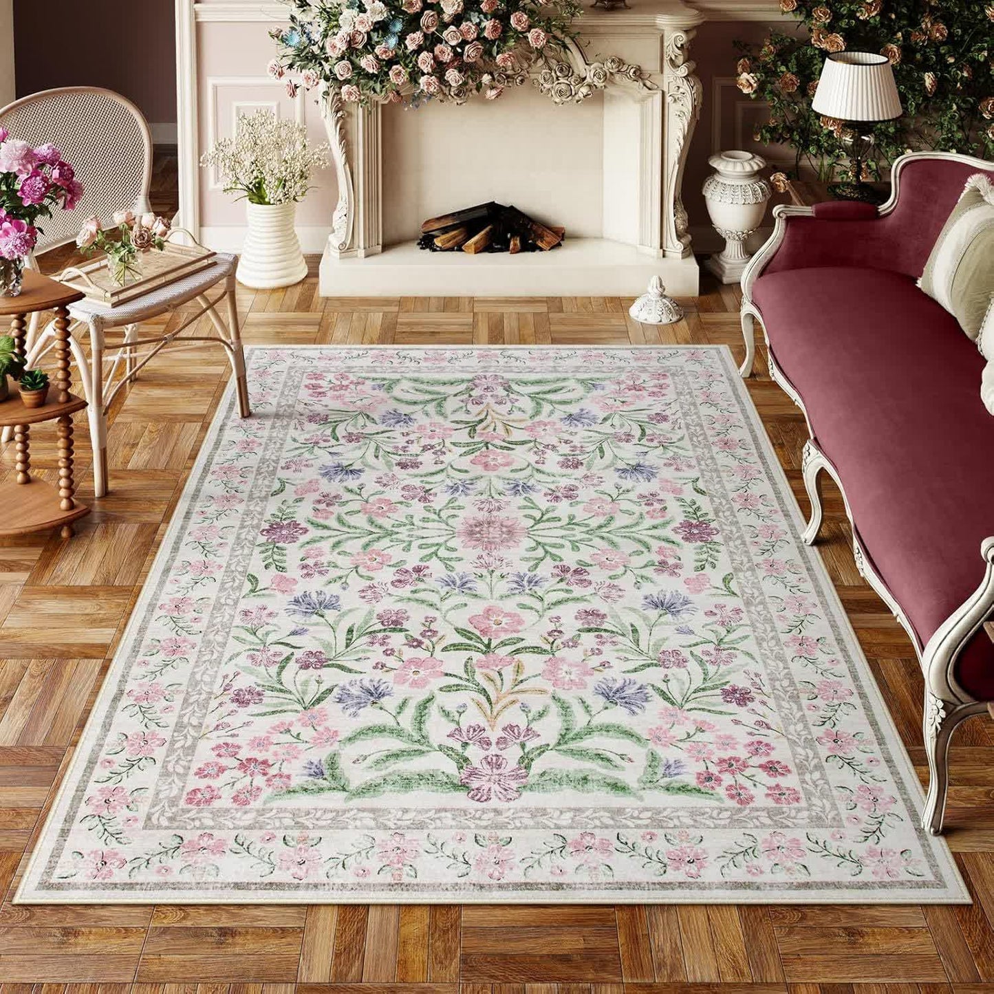 Elegant Pastoral Floral Crystal Velvet Rug
