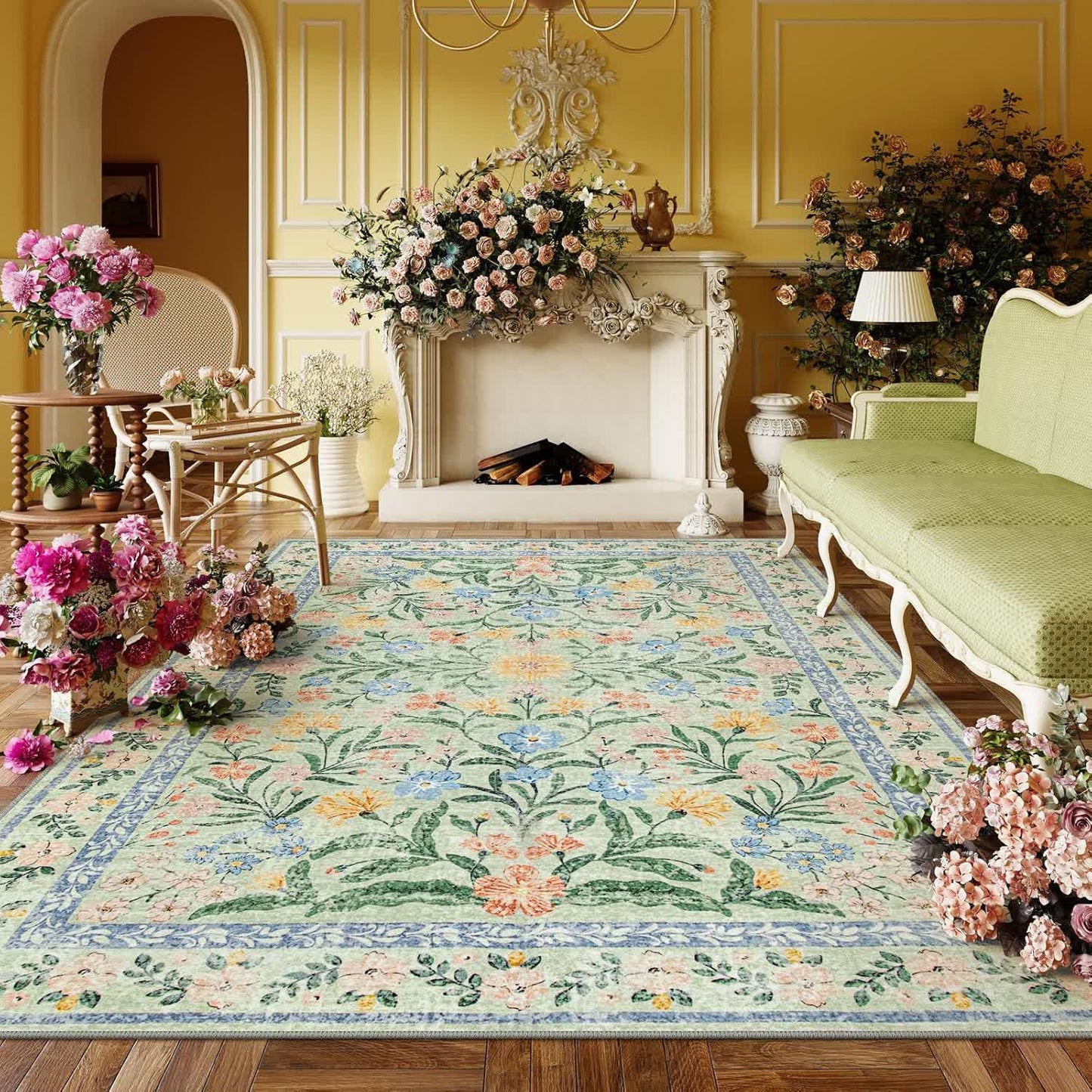 Elegant Pastoral Floral Crystal Velvet Rug