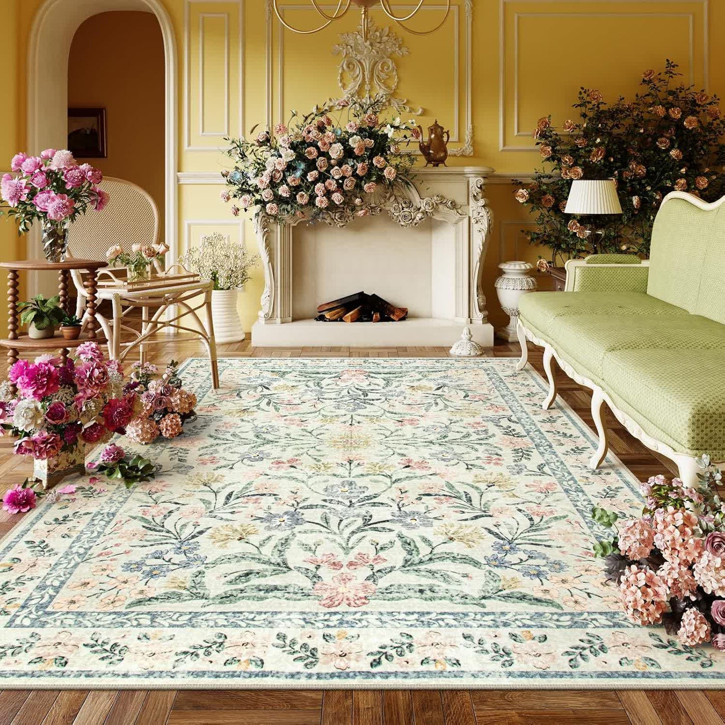 Elegant Pastoral Floral Crystal Velvet Rug
