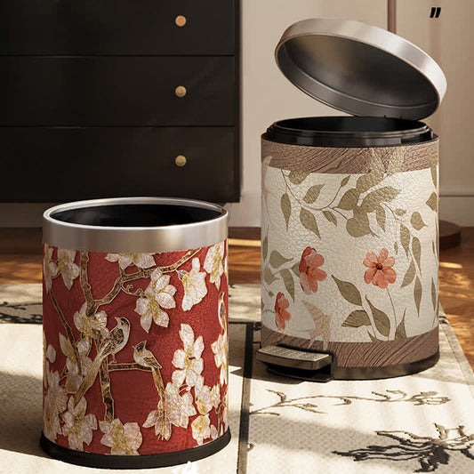 Floral Bird Luxurious Leather Trash Bin