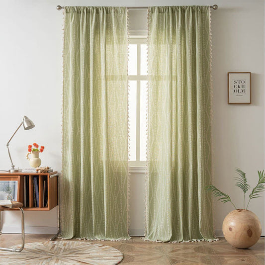 Rustic Floral Leaf Curve Tassel Sheer Curtain