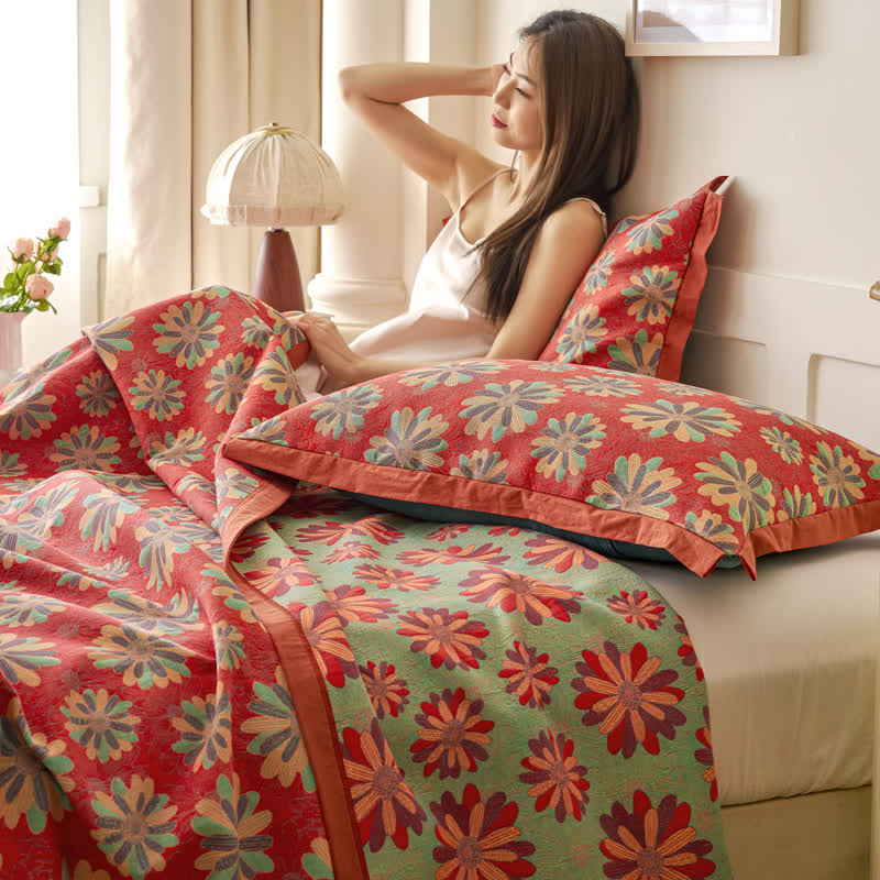 Floral Cotton Gauze Yarn-dyed Jacquard Blanket