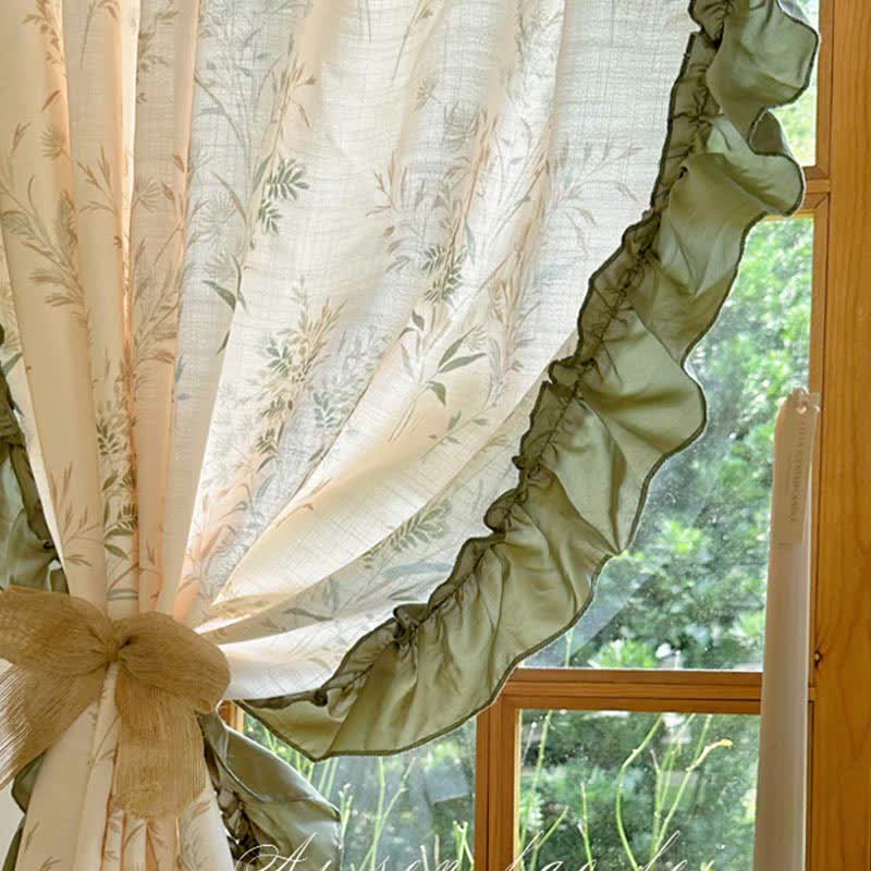 Rustic Style Semi-Blackout Bamboo Printed Ruffle Curtain
