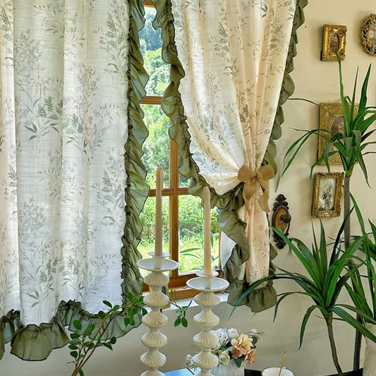 Rustic Style Semi-Blackout Bamboo Printed Ruffle Curtain