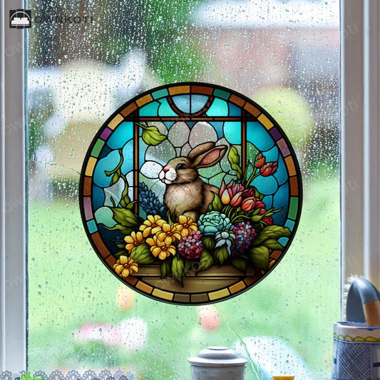 Floral Easter Bunny Stained Static Window Sticker