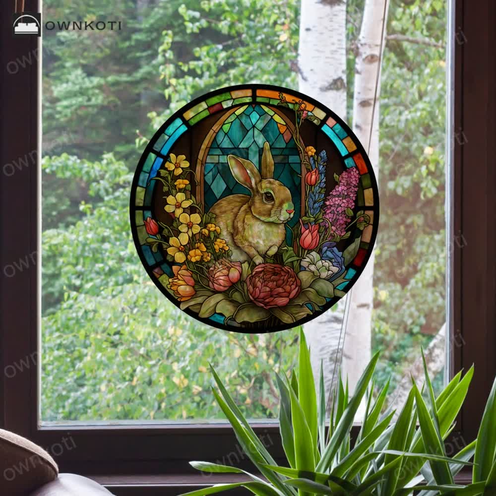 Floral Easter Bunny Stained Static Window Sticker