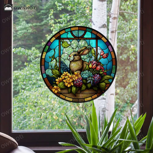Floral Easter Bunny Stained Static Window Sticker