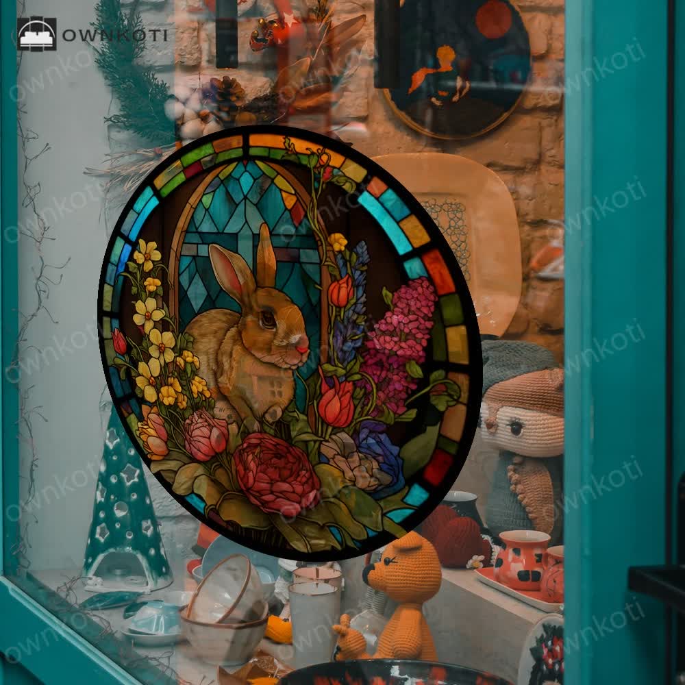 Floral Easter Bunny Stained Static Window Sticker
