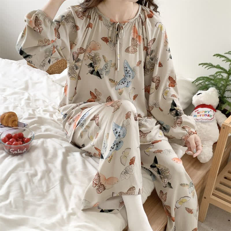 Round Neck Floral Butterfly Print Loungewear Set